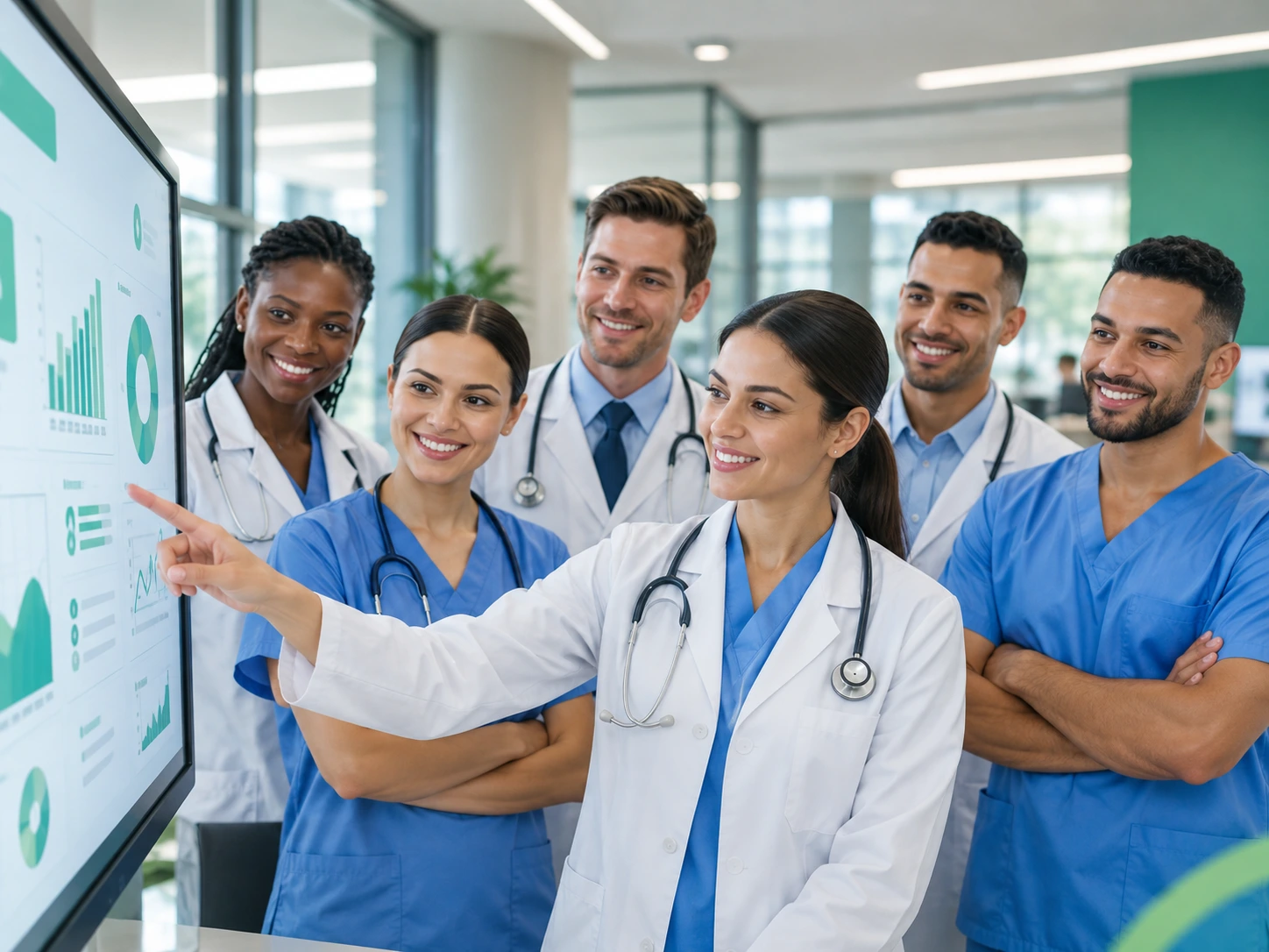 Physicians and nurses reviewing practice revenue charts on a large wall screen